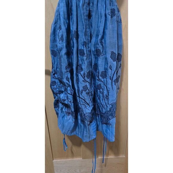 Strapless Blue Floral Embroidered Summer Dress With Smocked Bodice & Ruffled Ski - Picture 2 of 10